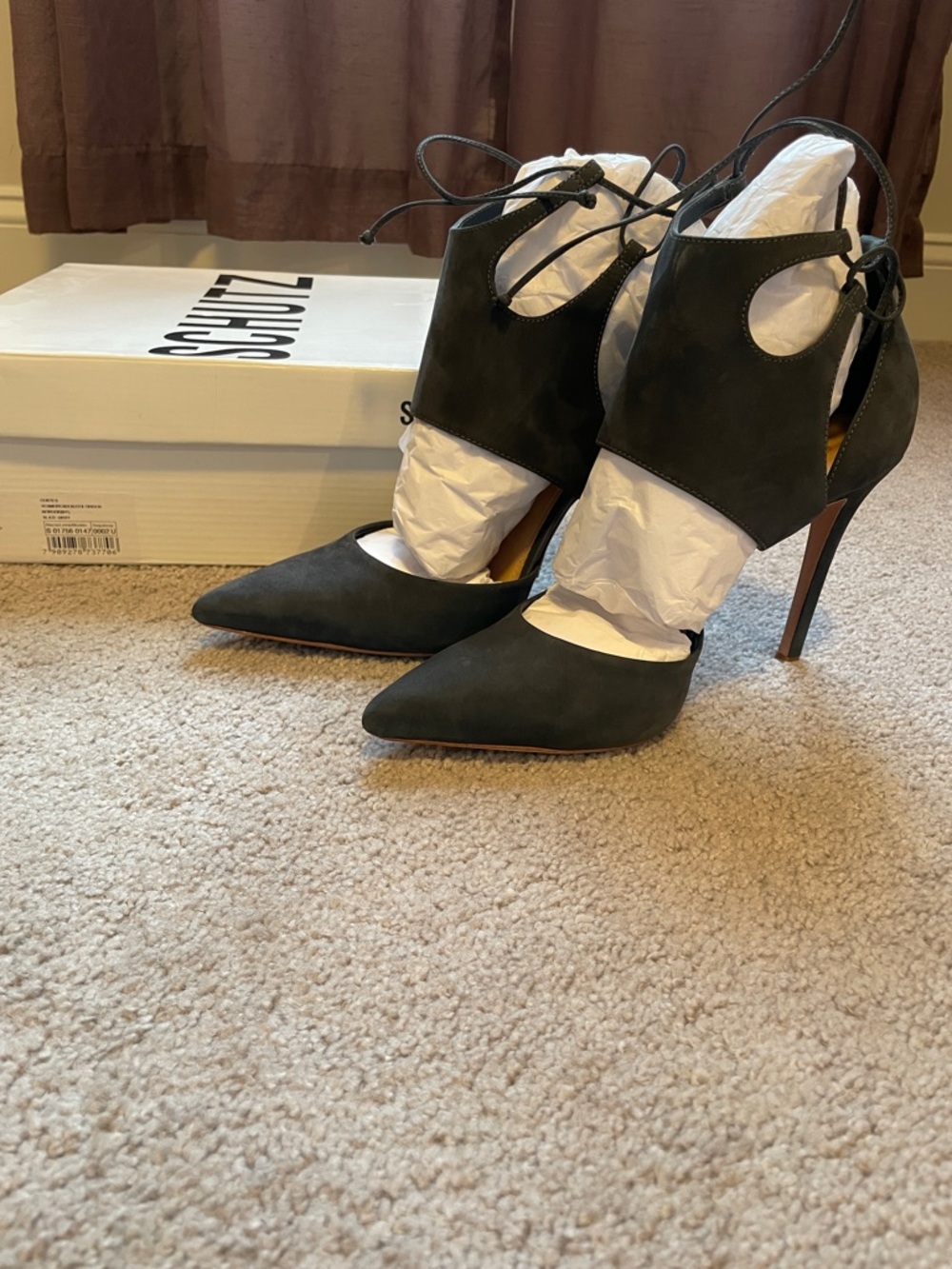 SCHUTZ Slate Gray Suede Pointed Toe Lace-Up Stiletto Heels